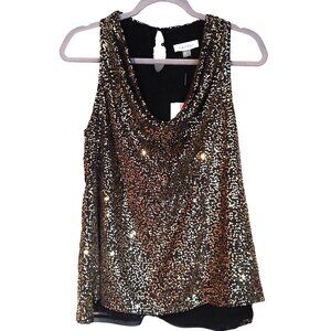Calvin Klein All Over Sequined Gold/Black Sleeveless Cowl Neck Top PL